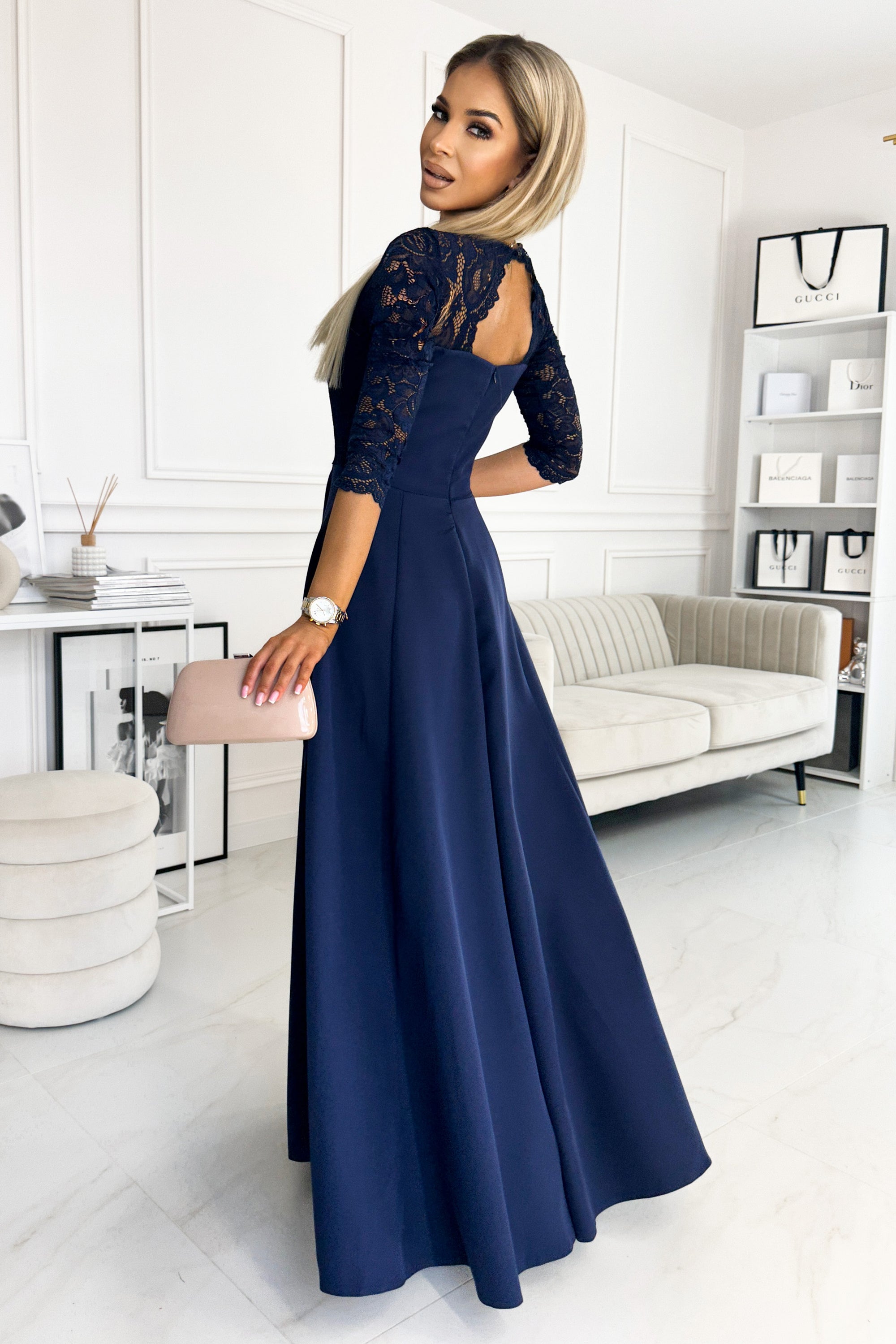 Numoco 309-6 AMBER elegant lace long dress with a neckline - navy blue