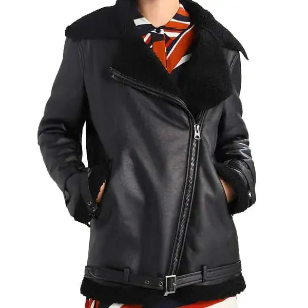 Women’s Black Shearling Leather Aviator Jacket