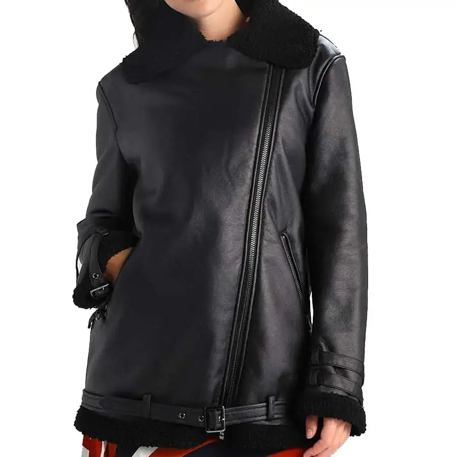 Women’s Black Shearling Leather Aviator Jacket