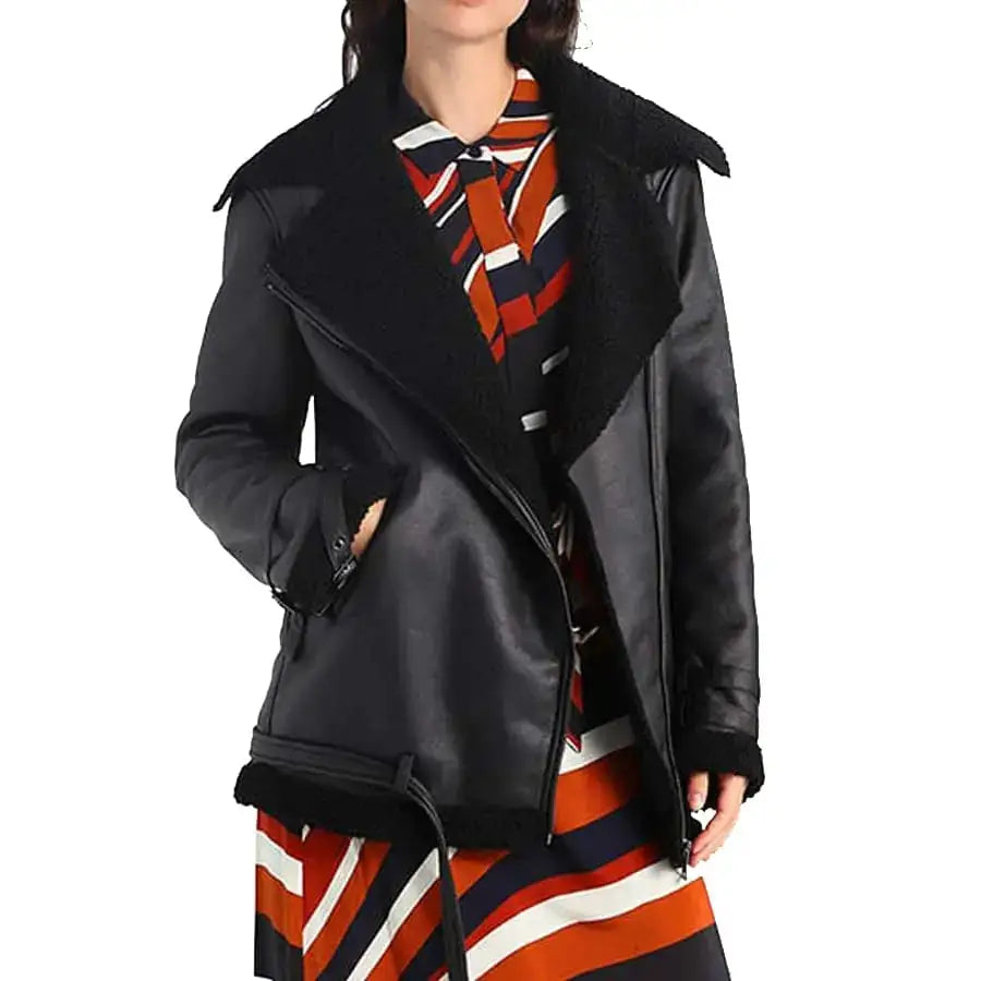 Women’s Black Shearling Leather Aviator Jacket
