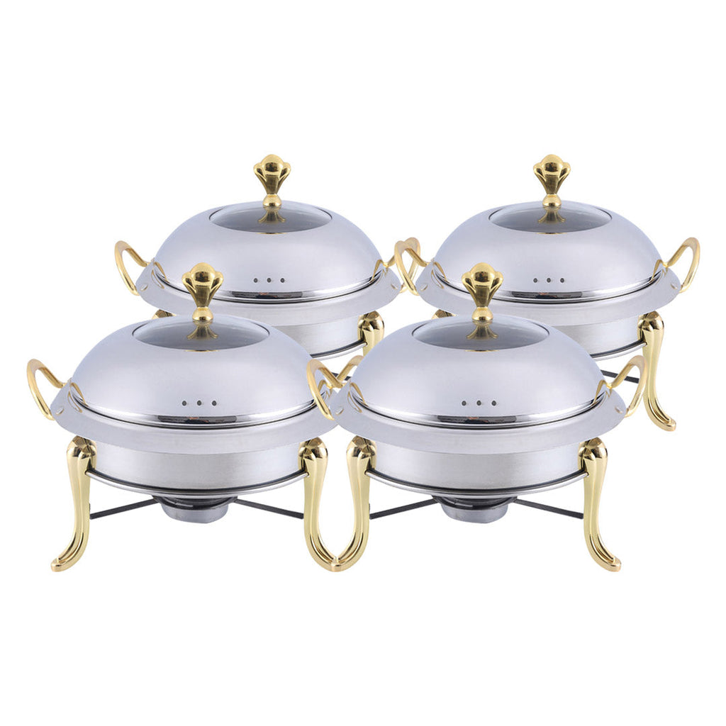 NNEAGS 4X Stainless Steel Gold Accents Round Buffet Chafing Dish Cater Food Warmer Chafer with Glass Top Lid