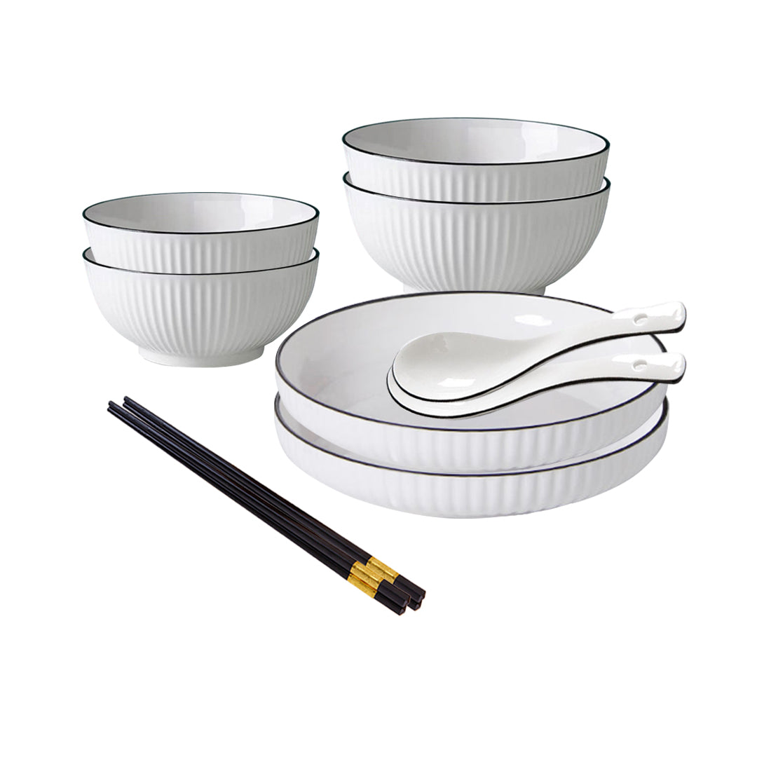 NNEAGS White Japanese Style Ceramic Dinnerware Crockery Soup Bowl Plate Server Kitchen Home Decor Set of 6