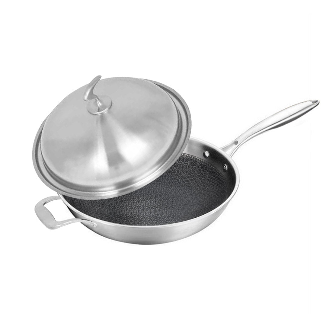 NNEAGS 2X 18/10 Stainless Steel Fry Pan 34cm Frying Pan Top Grade Textured Non Stick Interior Skillet with Helper Handle and Lid
