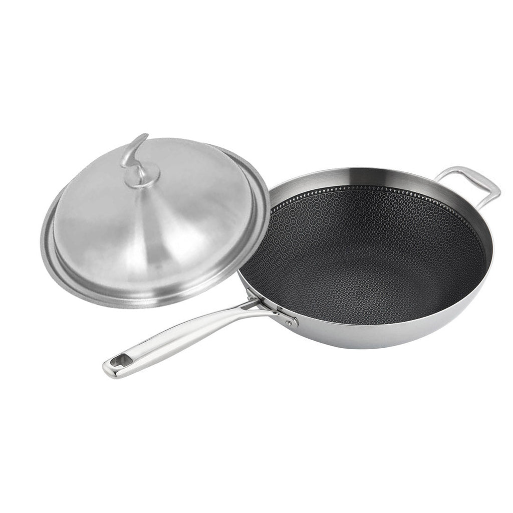 NNEAGS 2X 18/10 Stainless Steel Fry Pan 34cm Frying Pan Top Grade Textured Non Stick Interior Skillet with Helper Handle and Lid