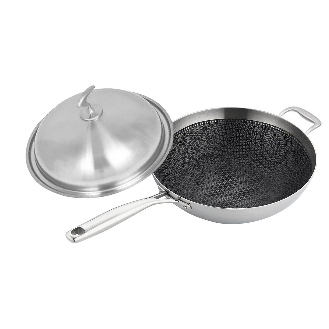 NNEAGS 2X 18/10 Stainless Steel Fry Pan 34cm Frying Pan Top Grade Textured Non Stick Interior Skillet with Helper Handle and Lid