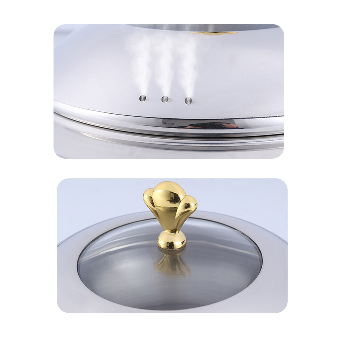 NNEAGS 4X Stainless Steel Gold Accents Round Buffet Chafing Dish Cater Food Warmer Chafer with Glass Top Lid
