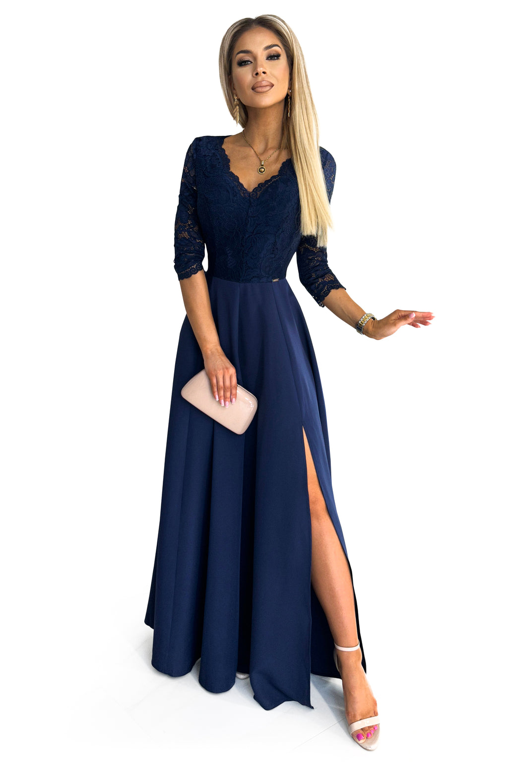 Numoco 309-6 AMBER elegant lace long dress with a neckline - navy blue