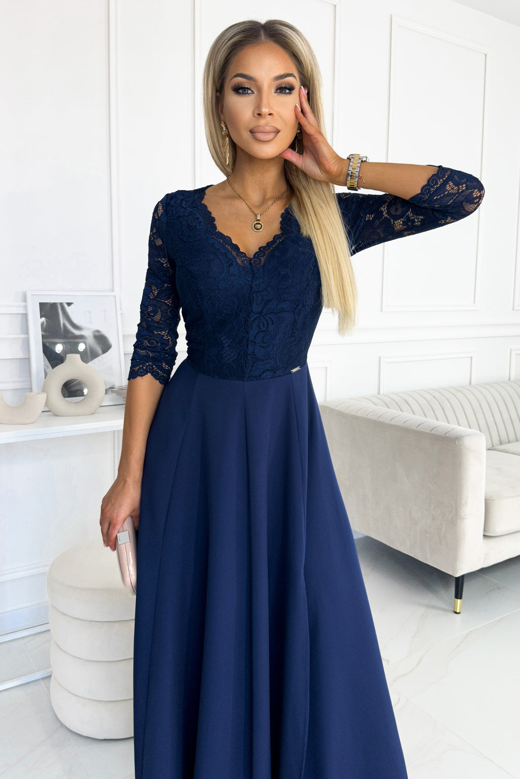 Numoco 309-6 AMBER elegant lace long dress with a neckline - navy blue