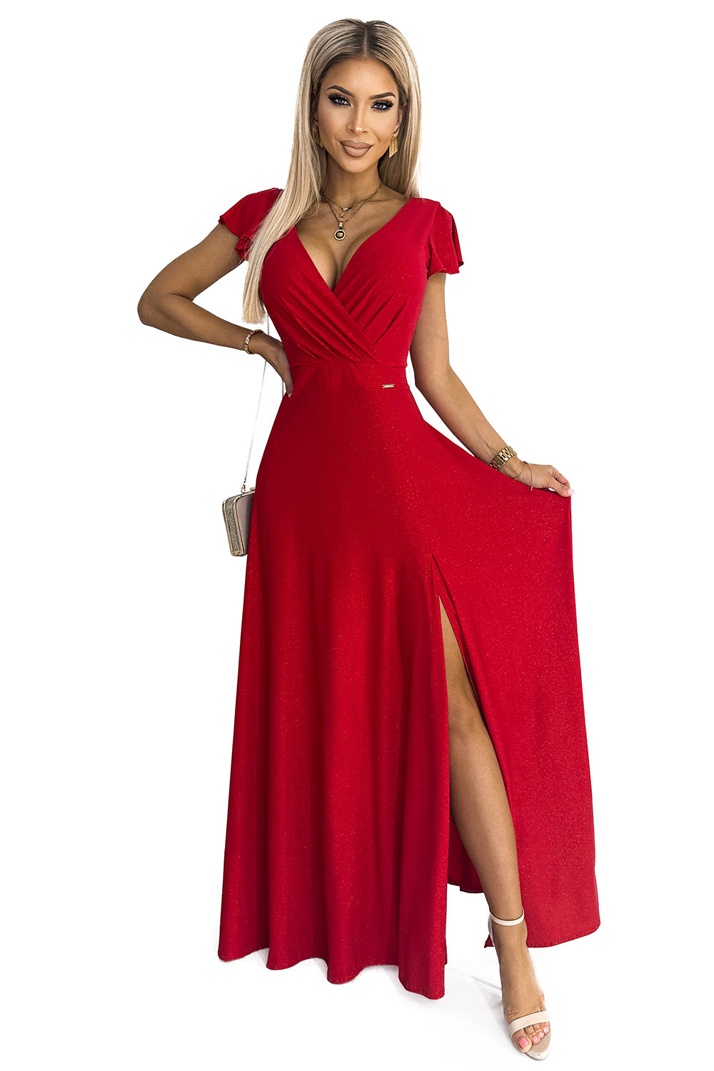 Numoco 411-2 CRYSTAL long shimmering dress with a neckline - red