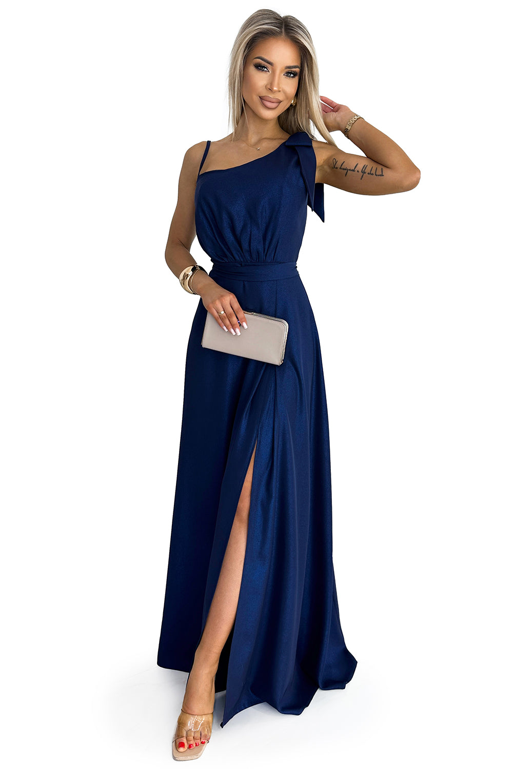 Numoco 528-1 Long shiny one-shoulder dress with a bow - navy blue