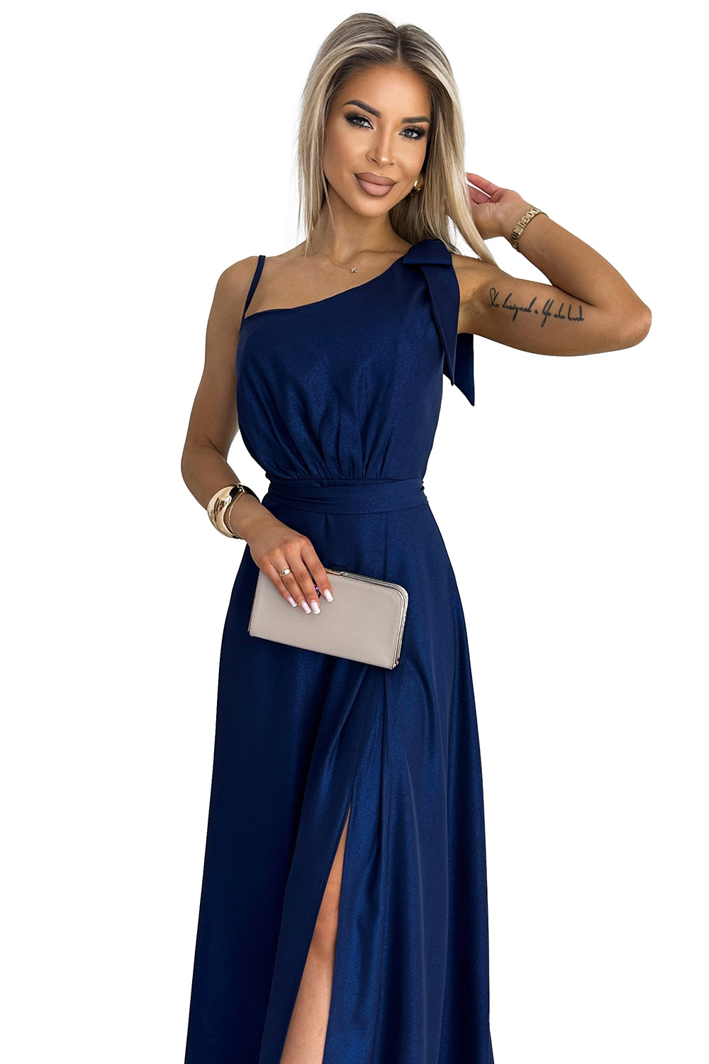 Numoco 528-1 Long shiny one-shoulder dress with a bow - navy blue