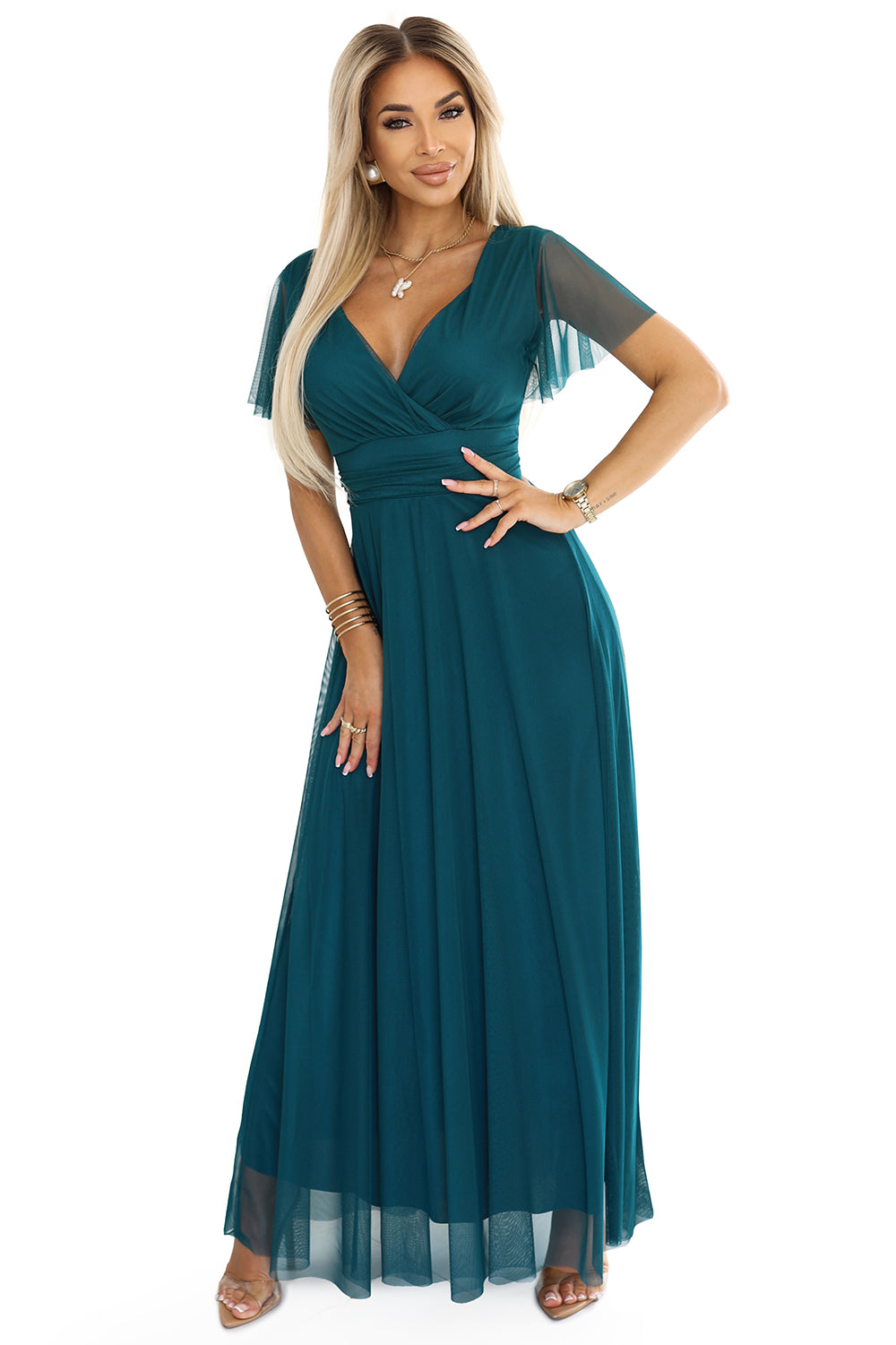 Numoco Basic 562-4 NASTIA Long dress with a neckline and short sleeves - green