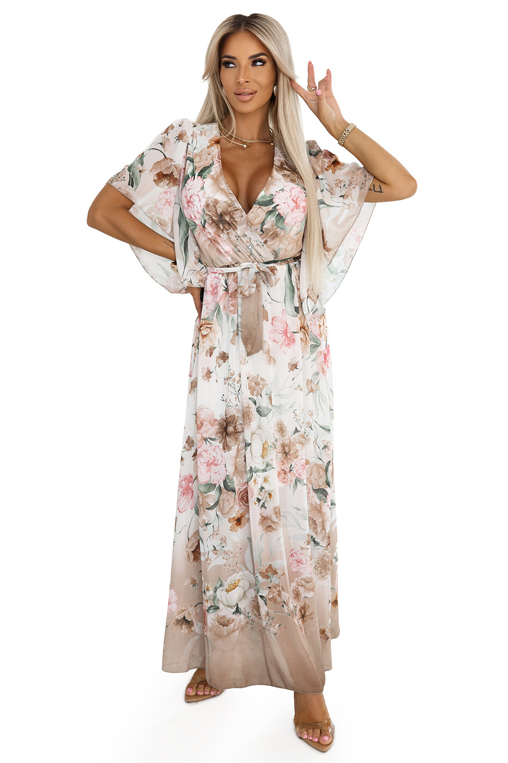 Numoco Basic 603-2 Airy wrap maxi dress with floral pattern - beige roses