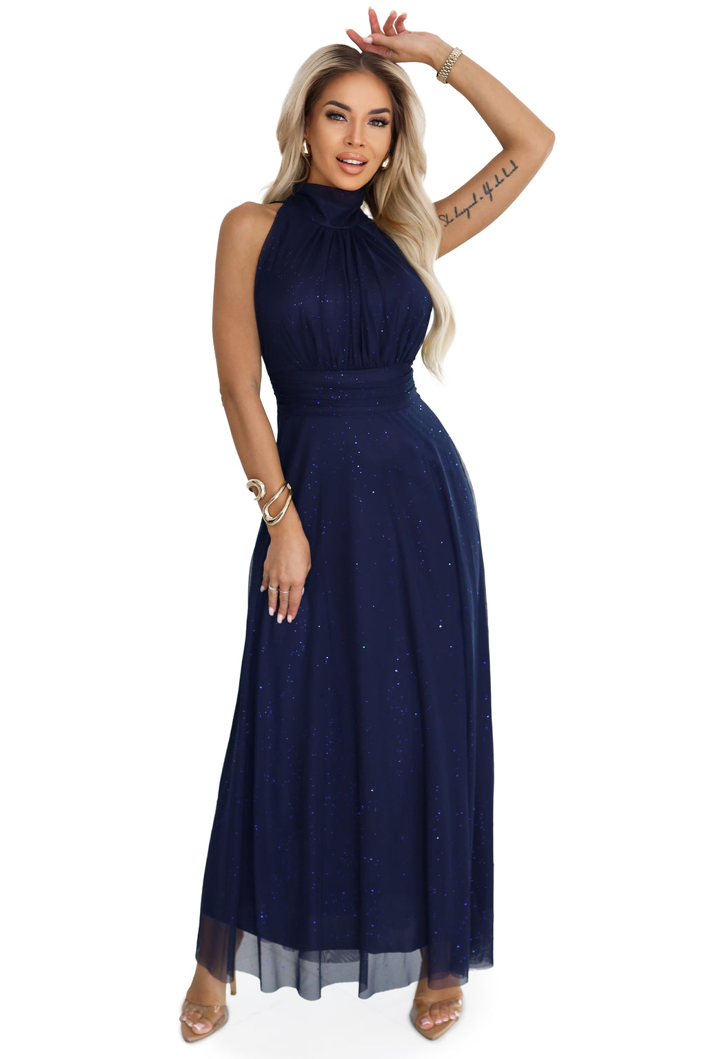 Numoco Basic 636-2 VERONICA luxurious long dress with a brocade accent and a chic cut - navy blue