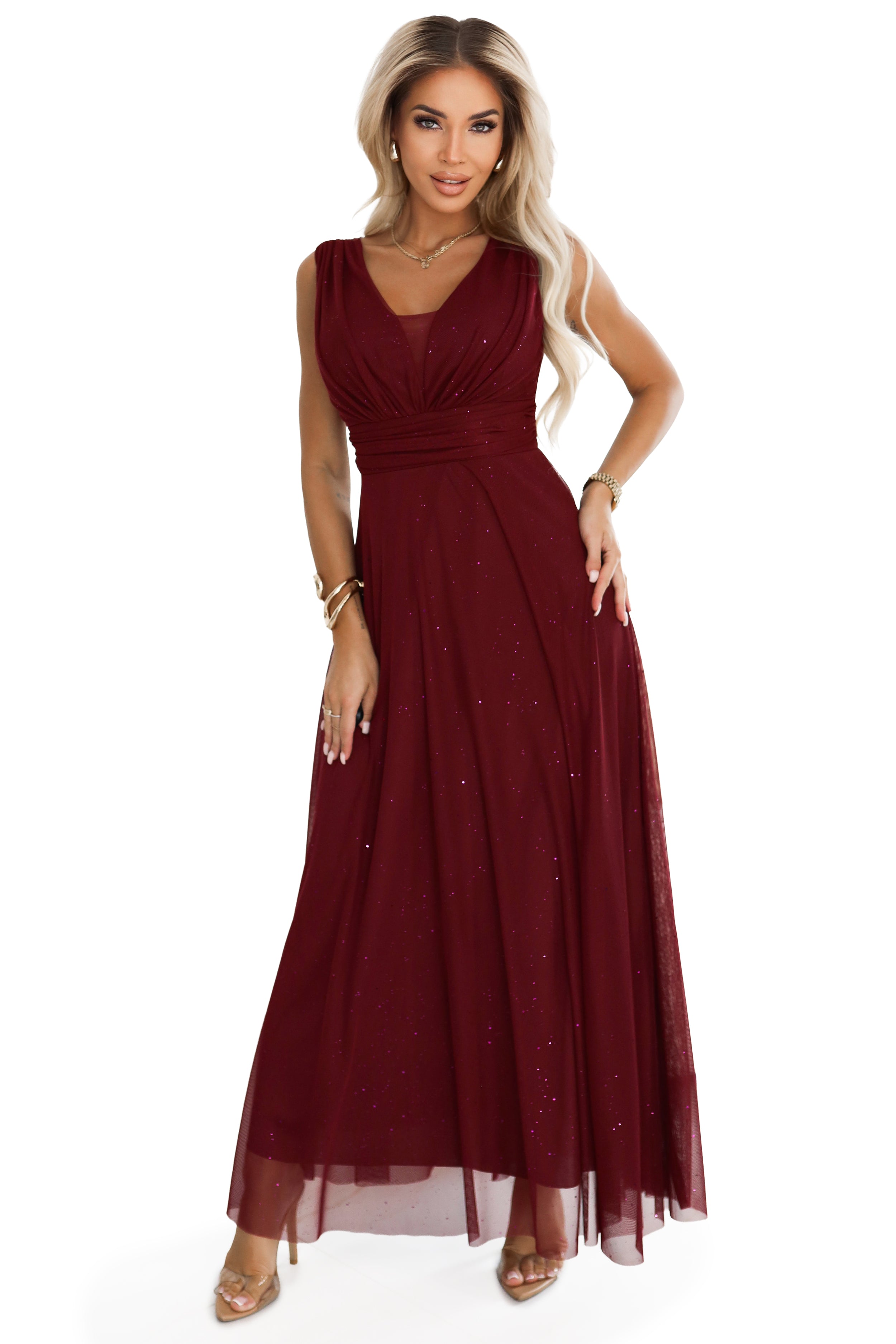 Numoco Basic 637-1 Long evening dress with a brocade accent and a deep neckline - burgundy