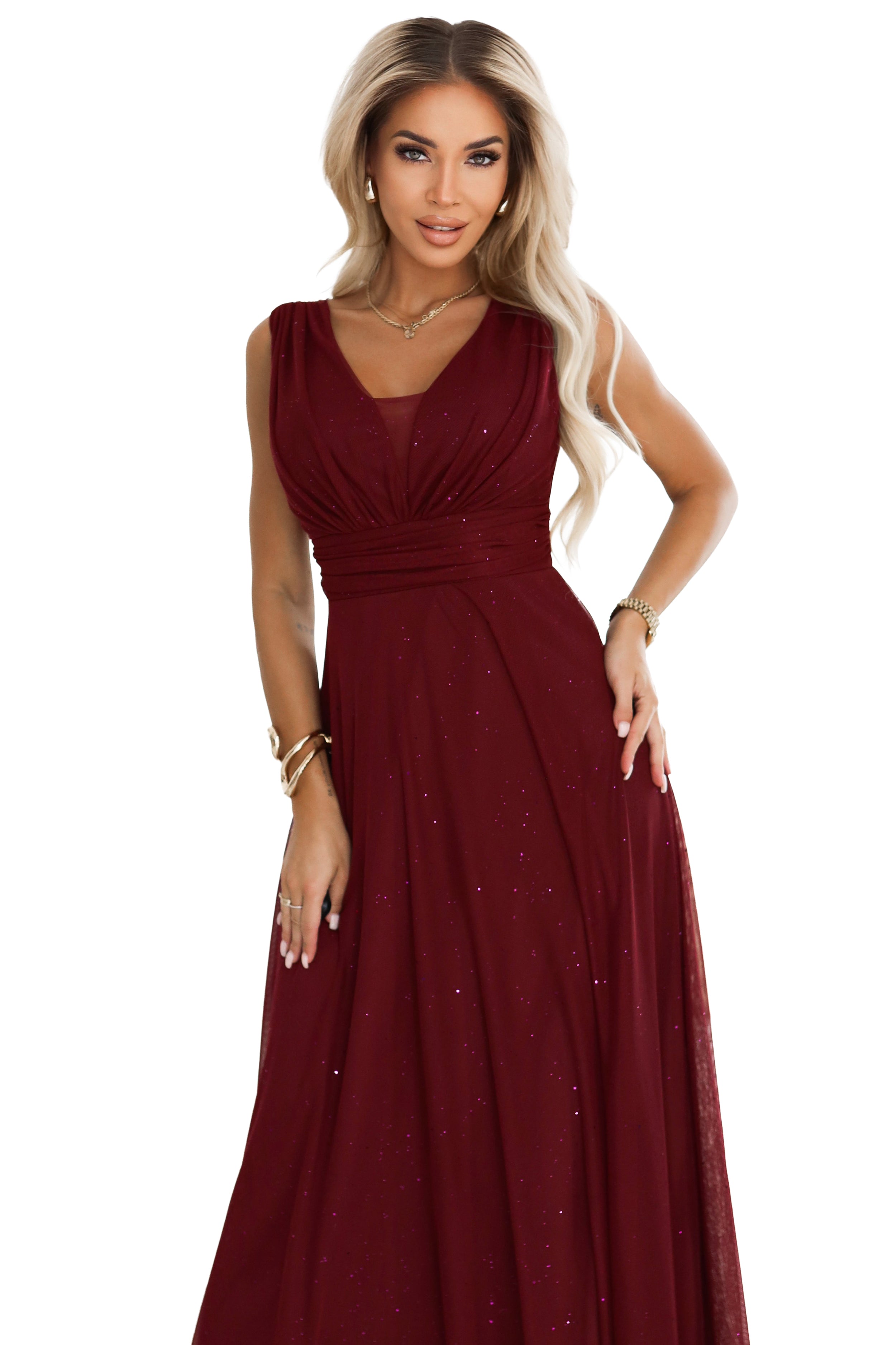 Numoco Basic 637-1 Long evening dress with a brocade accent and a deep neckline - burgundy