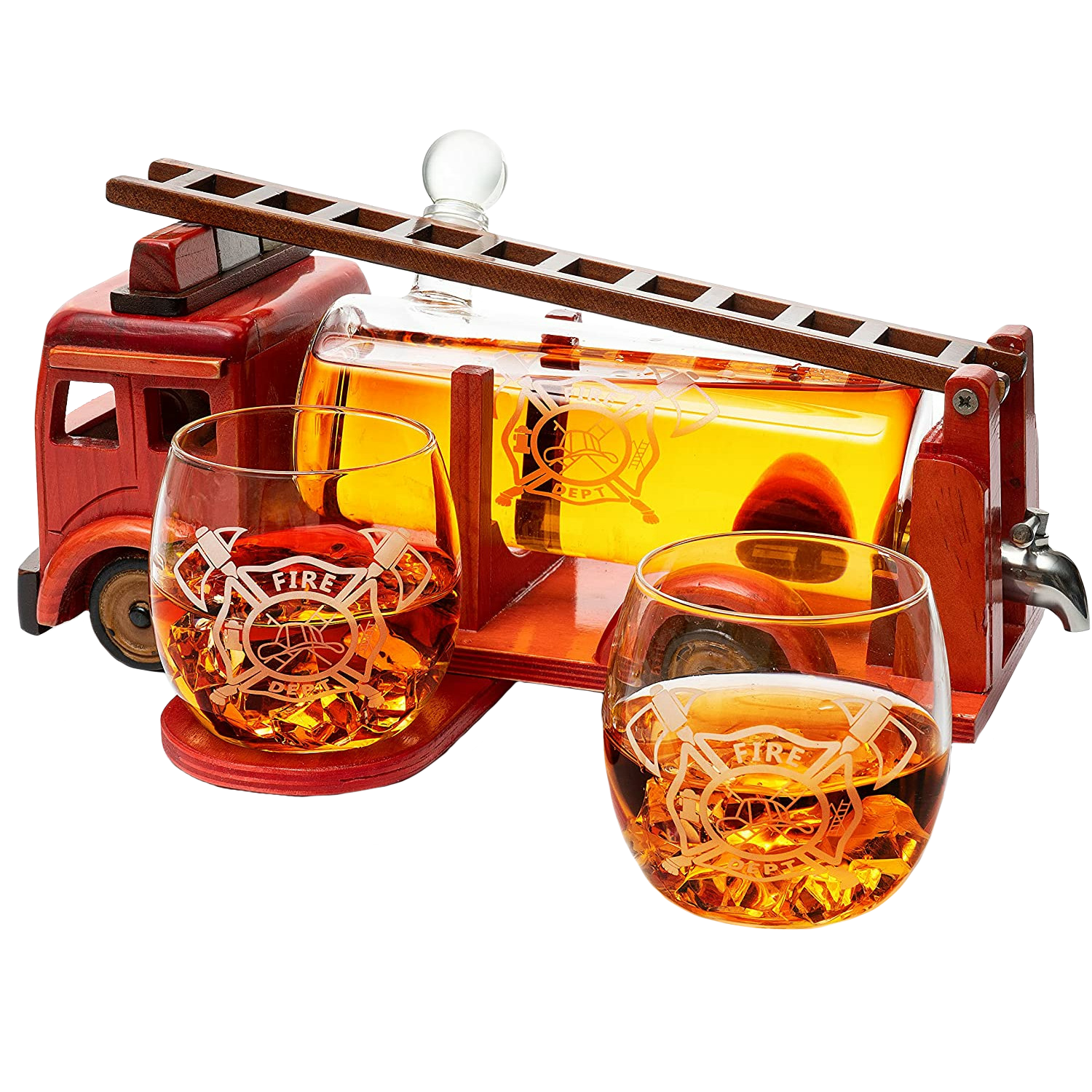 Firetruck Whiskey Decanter with Two 12 oz Glasses Gift Firefighter Gifts, Fireman, Firetruck Figurine, Police Gifts, Fire Department Gifts, Gifts for Firefighters! 600ml 13" L 6" H Gifts for Dad