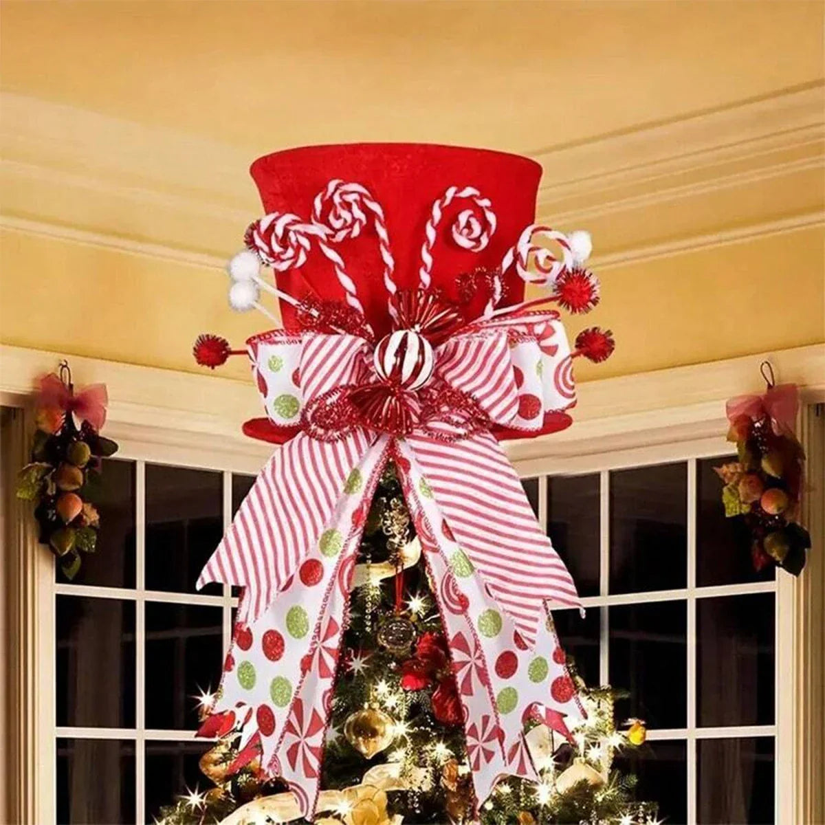 NNEOBA Christmas Tree Topper Hat with Bow Ribbon