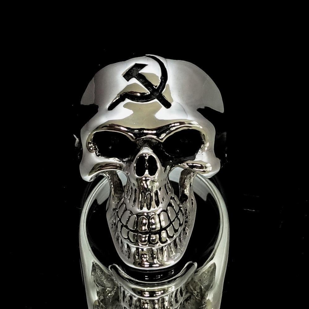 Excellent crafted Men's Communist Skull Ring Hammer Sickle - Sterling Silver