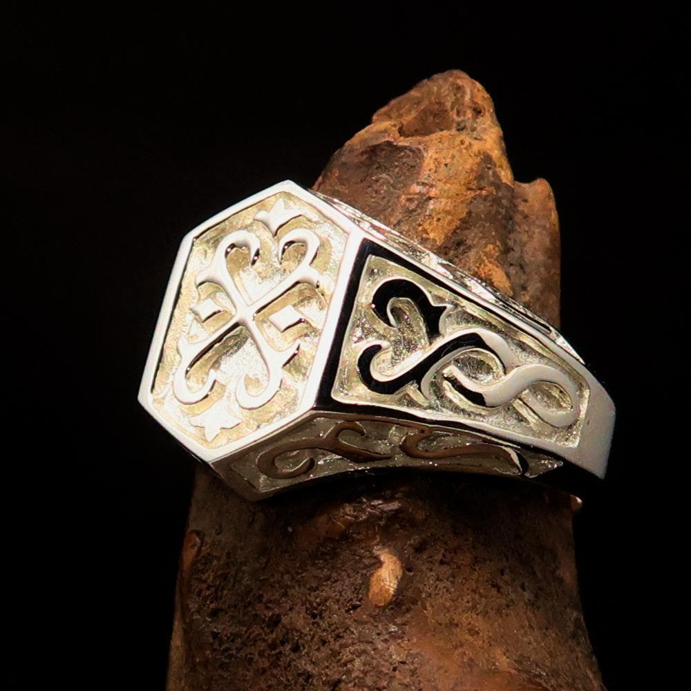 Excellent crafted Men's Signet Ring shiny Oriental Cross - Sterling Silver