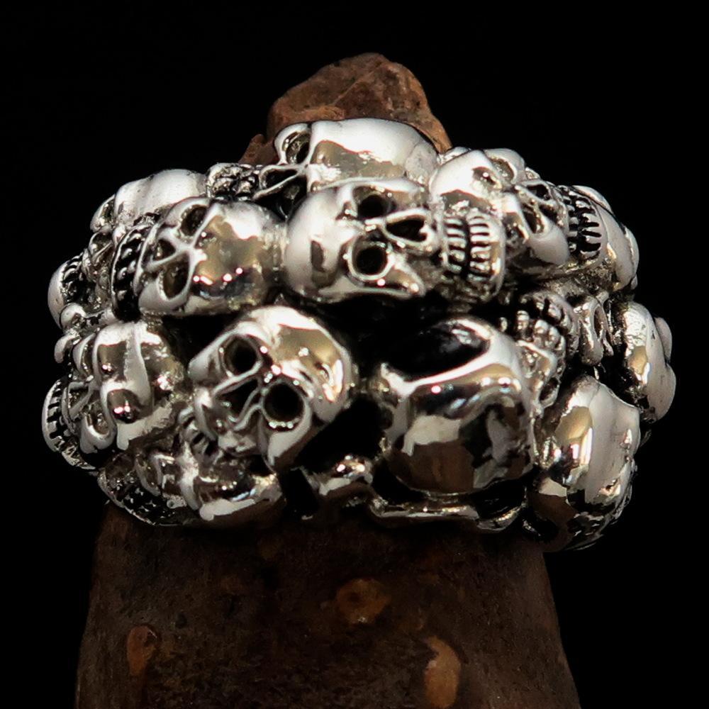 Men's Sterling Silver Biker Ring 13 Skulls Graveyard Party