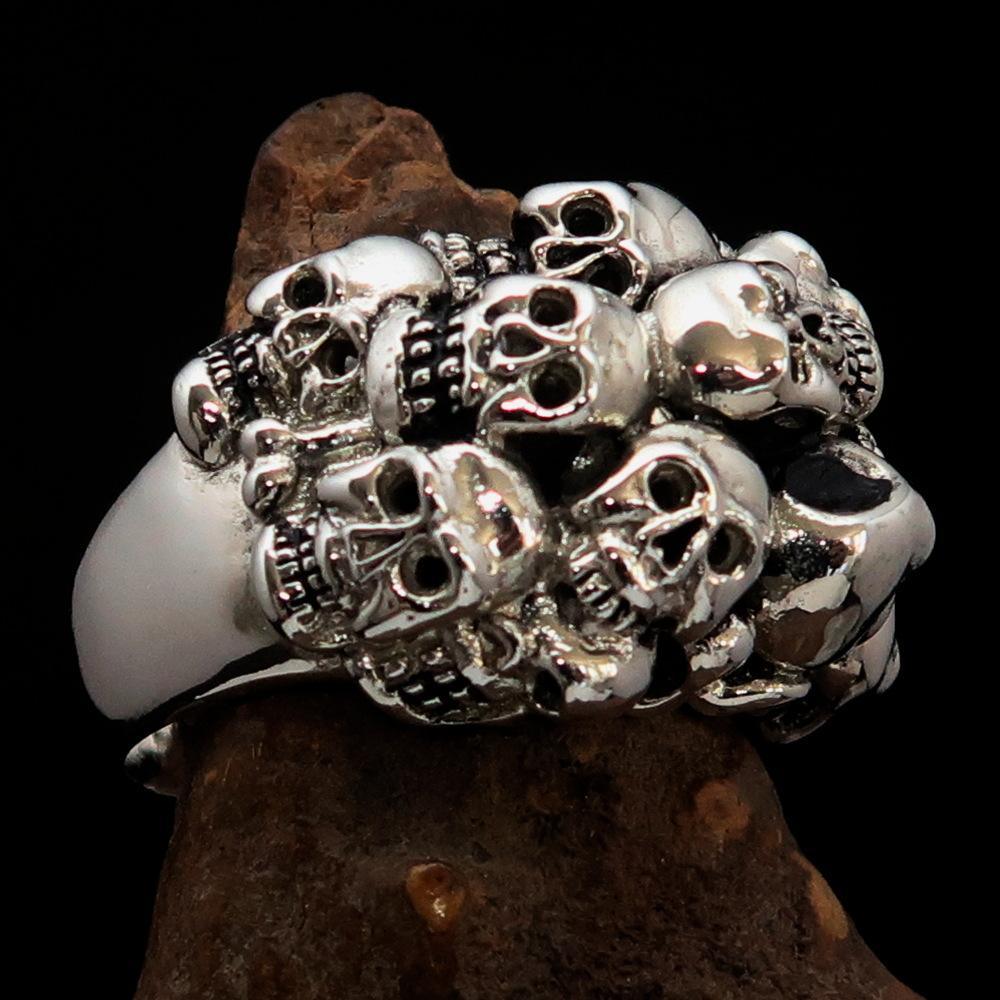 Men's Sterling Silver Biker Ring 13 Skulls Graveyard Party
