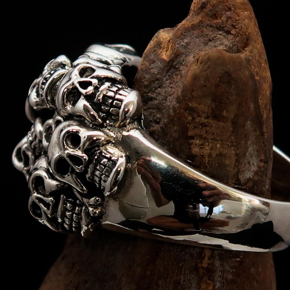 Men's Sterling Silver Biker Ring 13 Skulls Graveyard Party