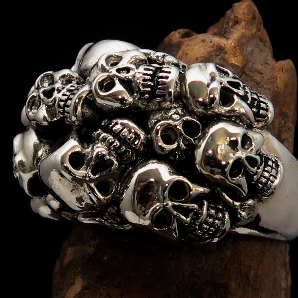 Men's Sterling Silver Biker Ring 13 Skulls Graveyard Party