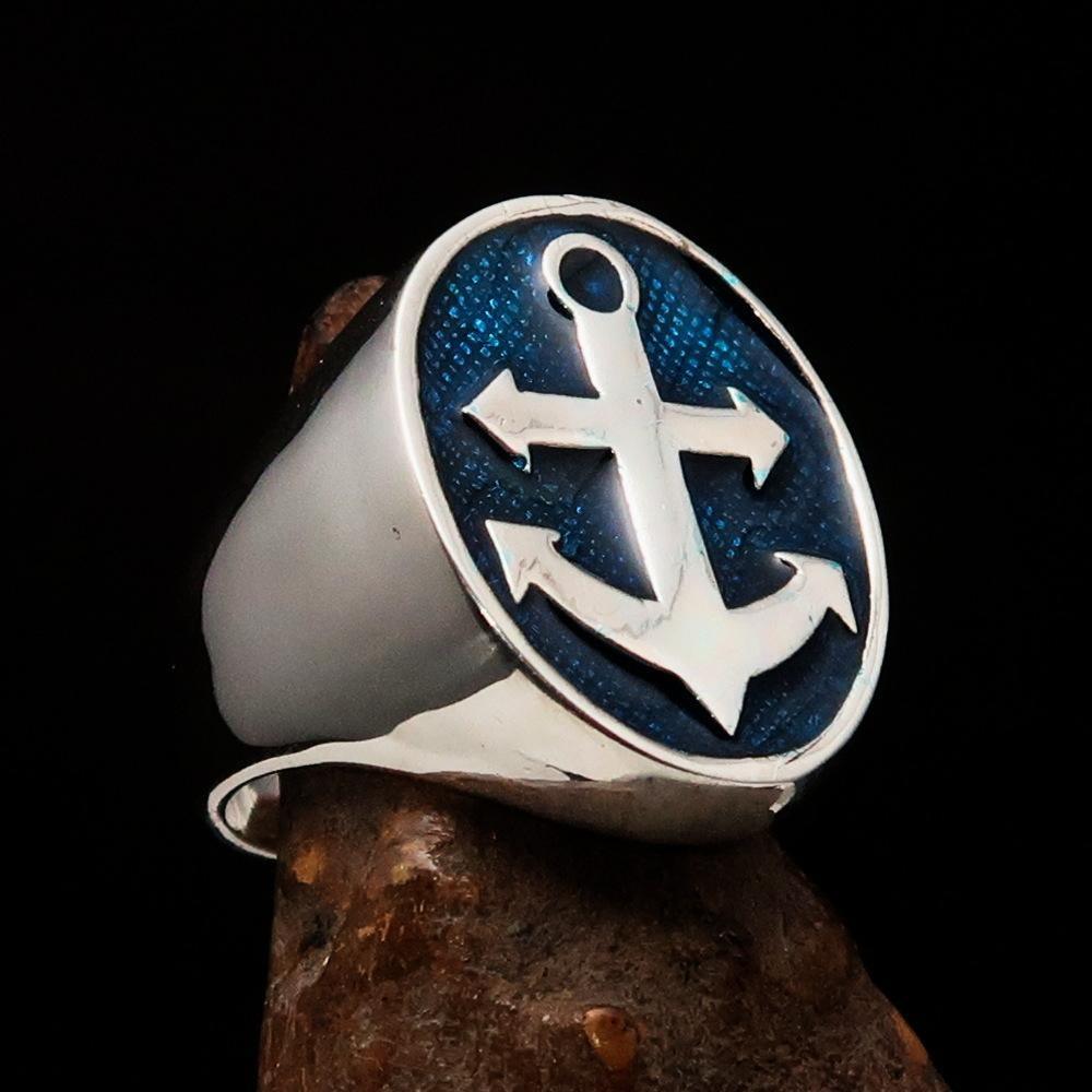 Perfectly crafted Men's Sailor Ring Big Anchor Blue - Sterling Silver