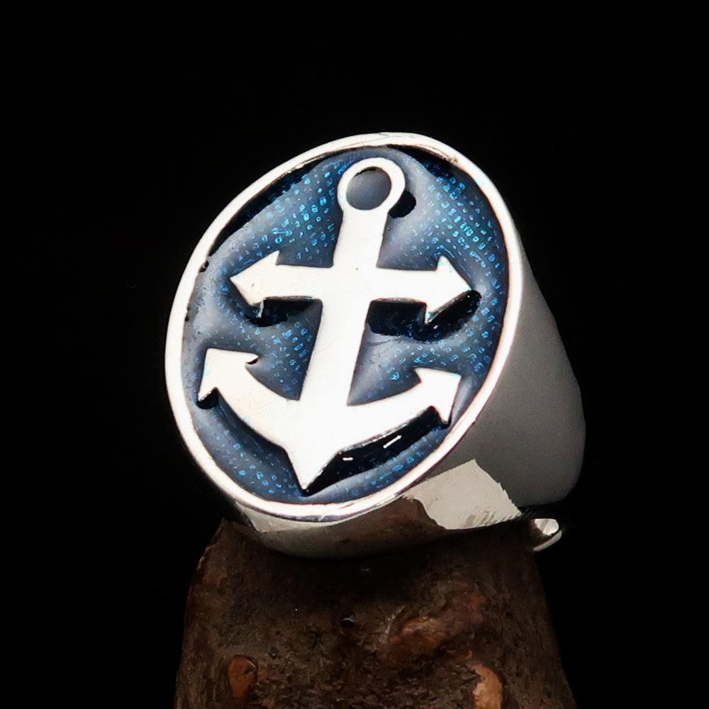 Perfectly crafted Men's Sailor Ring Big Anchor Blue - Sterling Silver