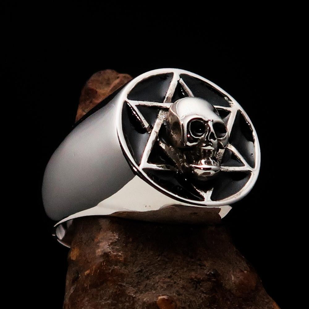 Excellent crafted Men's Biker Ring Black Hebrew Skull - Sterling Silver 925