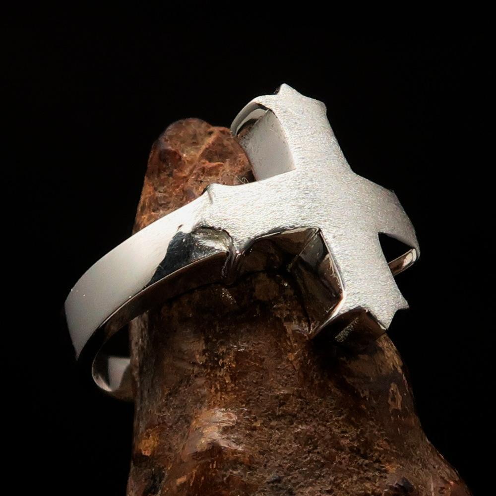 Excellent crafted minimalistic two tone Coptic Cross Ring - matte Sterling Silver
