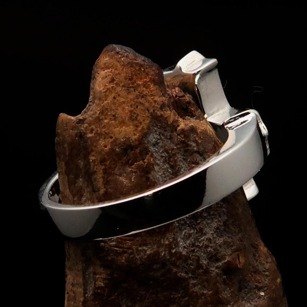 Excellent crafted minimalistic two tone Coptic Cross Ring - matte Sterling Silver