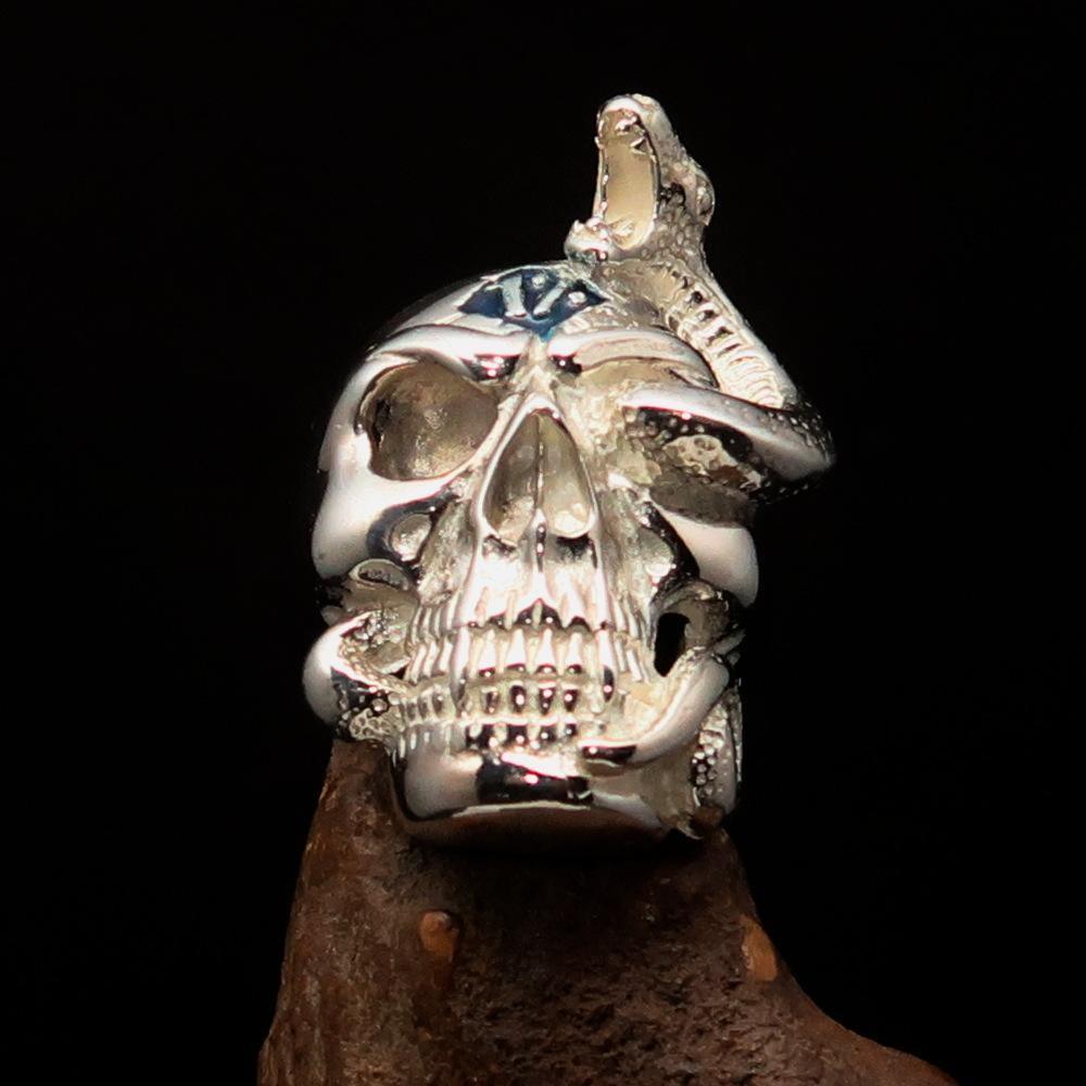 Excellent crafted Men's blue 1% Snake Skull Outlaw Ring - Sterling Silver