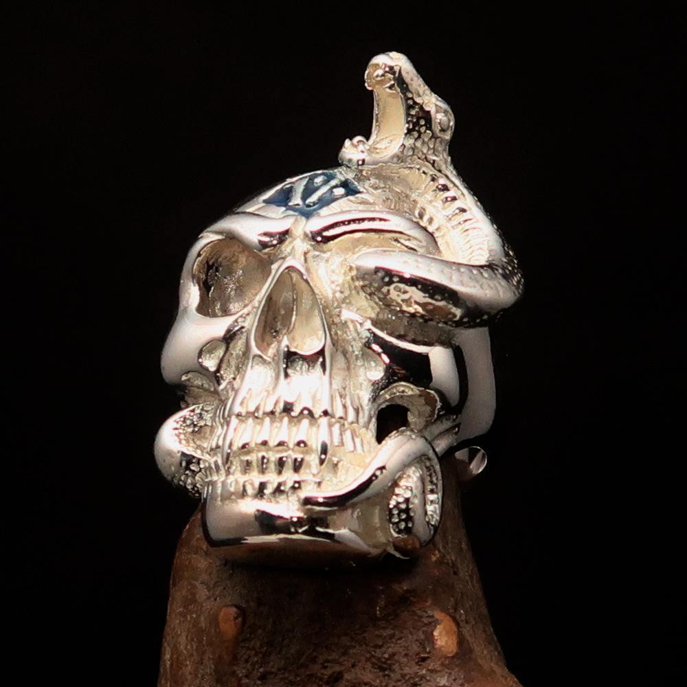 Excellent crafted Men's blue 1% Snake Skull Outlaw Ring - Sterling Silver