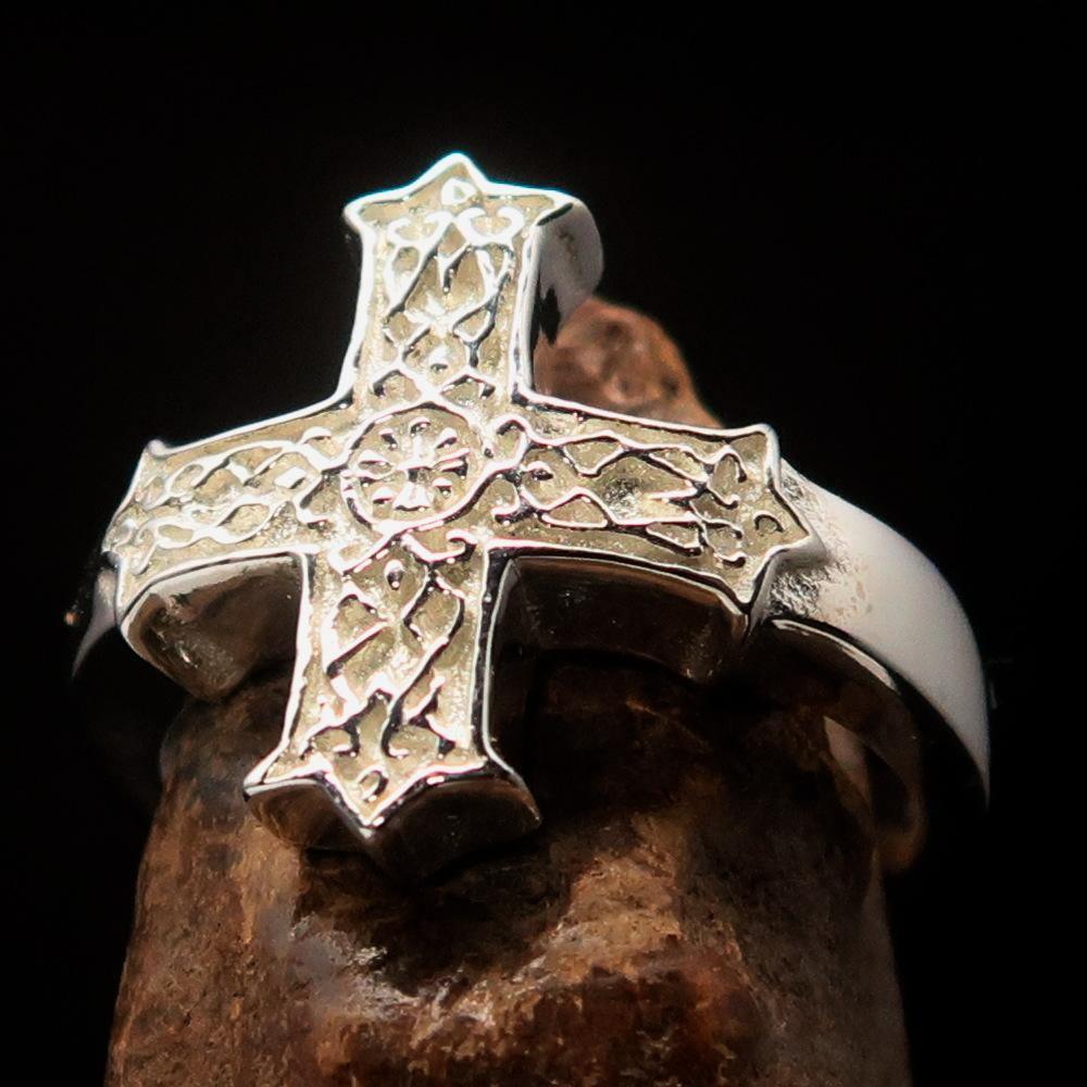 Excellent crafted Men's ornamental Celtic Cross Ring - mirror Polished Sterling Silver