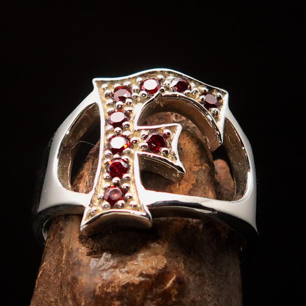 Excellent crafted Initial Ring Bold Letter F - 9 red CZ - Sterling Silver