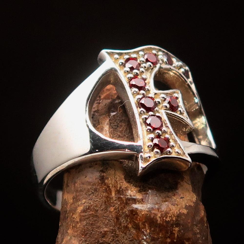 Excellent crafted Initial Ring Bold Letter F - 9 red CZ - Sterling Silver