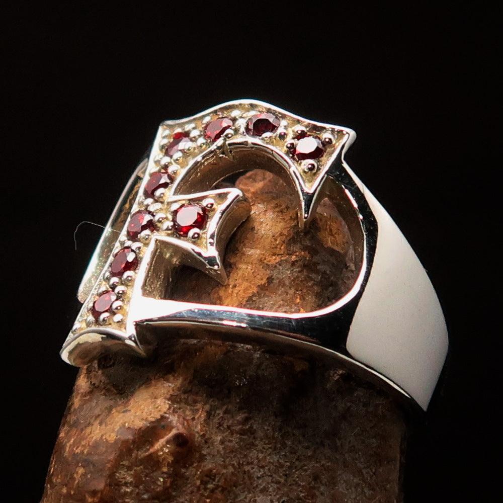 Excellent crafted Initial Ring Bold Letter F - 9 red CZ - Sterling Silver