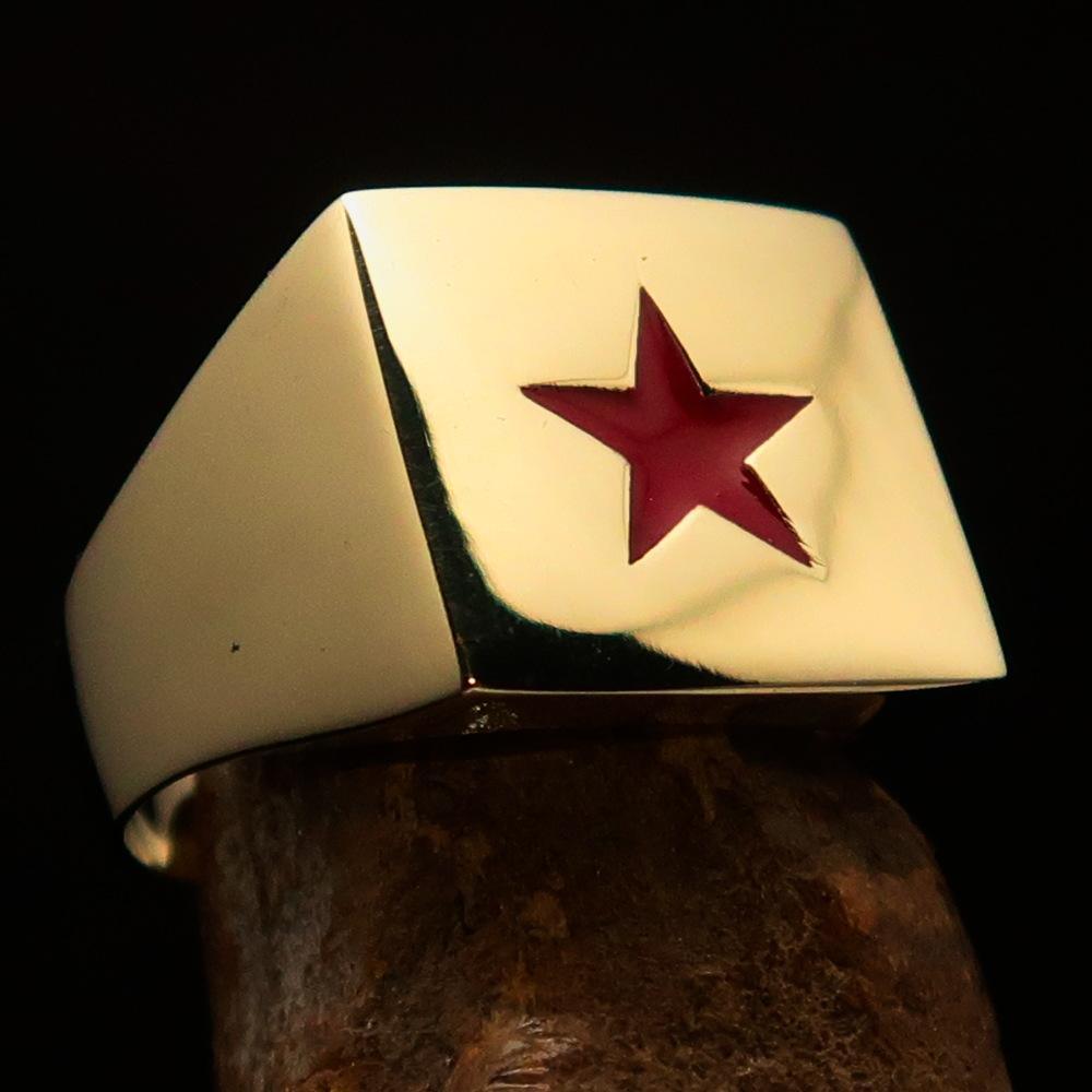 Excellent crafted Men's Communist Brass Ring Red Star Pentagram