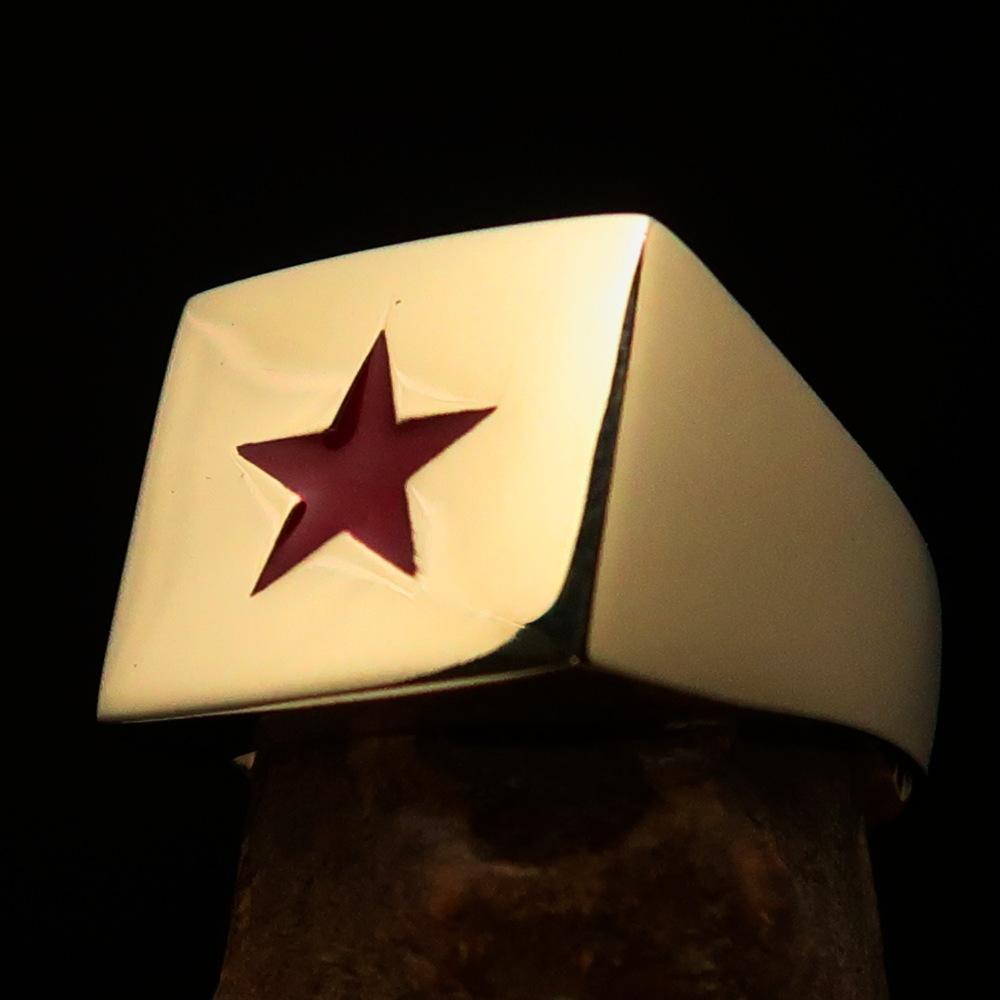 Excellent crafted Men's Communist Brass Ring Red Star Pentagram