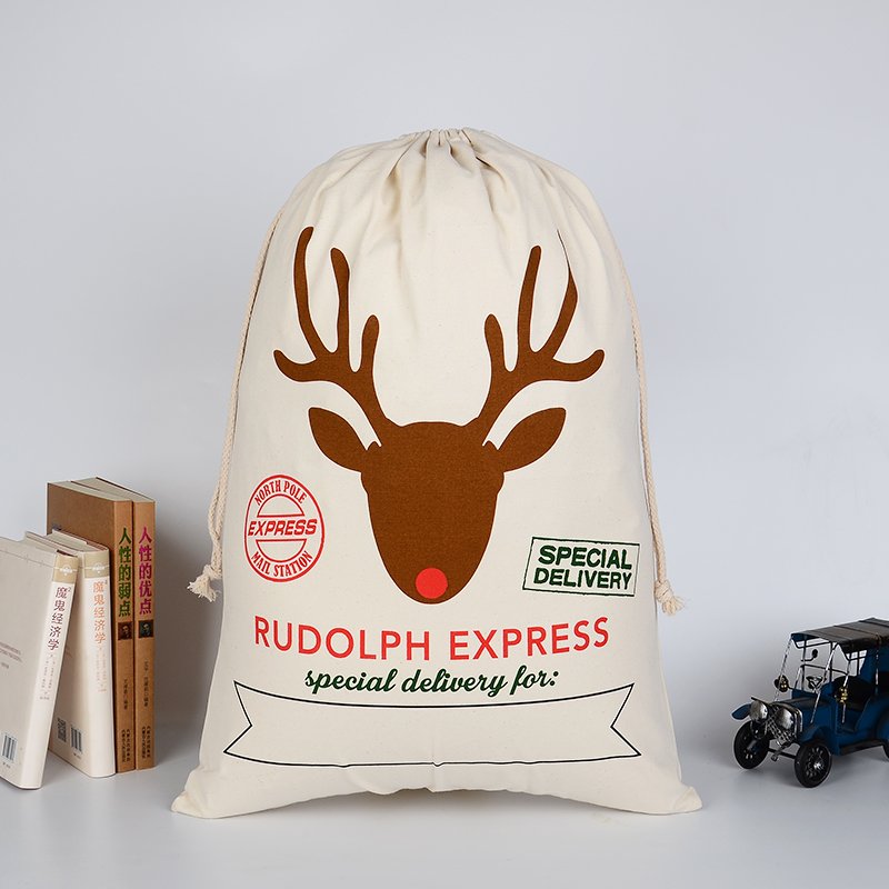NNEDSZ Large Christmas XMAS Hessian Santa Sack Stocking Bag Reindeer Children Gifts Bag, Cream - Rudolph Express