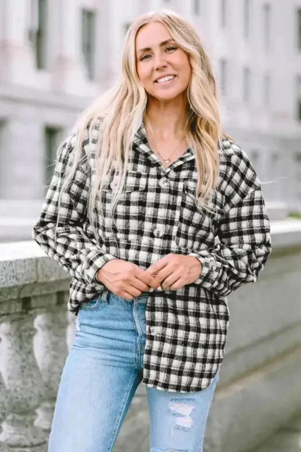 Plaid Button-Up Tunic Shacket with Pockets