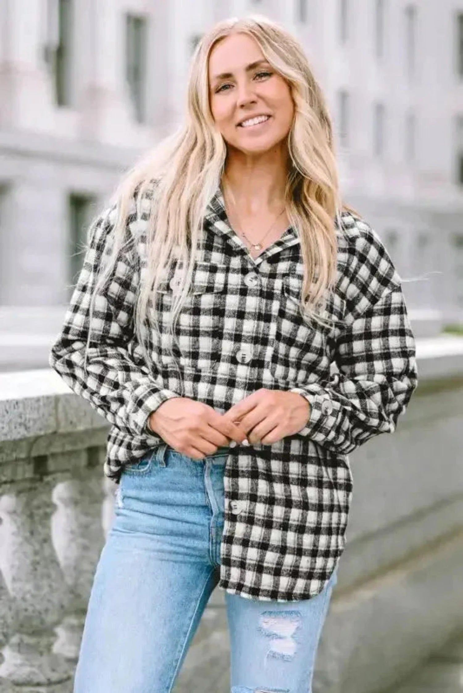 Plaid Button-Up Tunic Shacket with Pockets