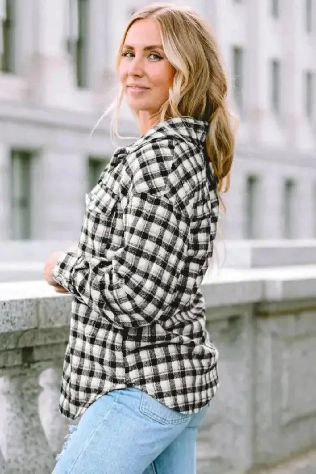 Plaid Button-Up Tunic Shacket with Pockets