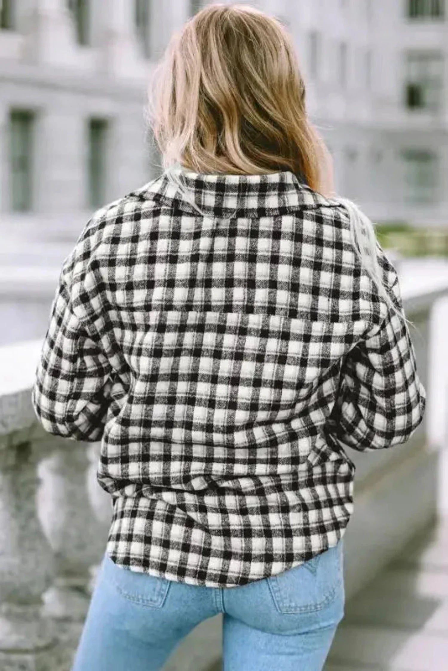 Plaid Button-Up Tunic Shacket with Pockets