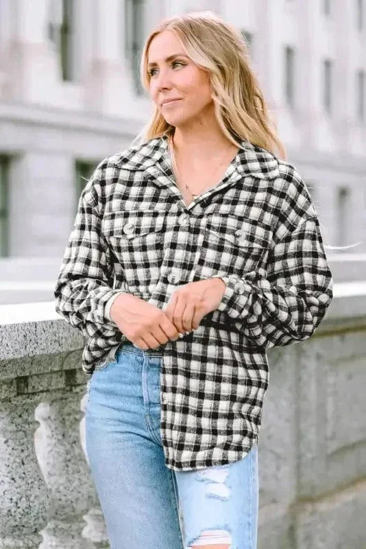 Plaid Button-Up Tunic Shacket with Pockets