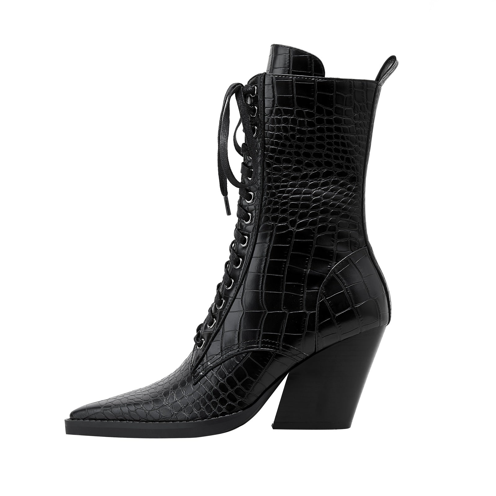 Lace Up Snakeskin Pointed Toe Ankle Boots