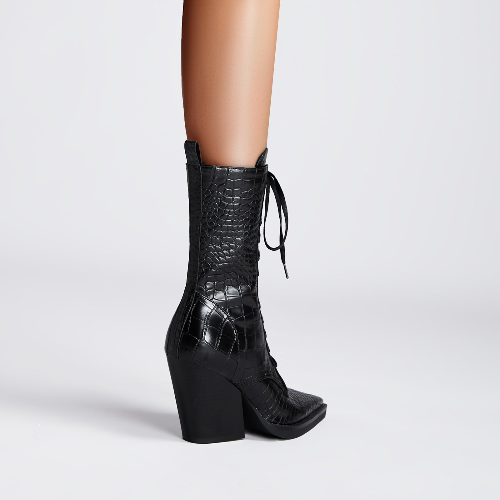 Lace Up Snakeskin Pointed Toe Ankle Boots