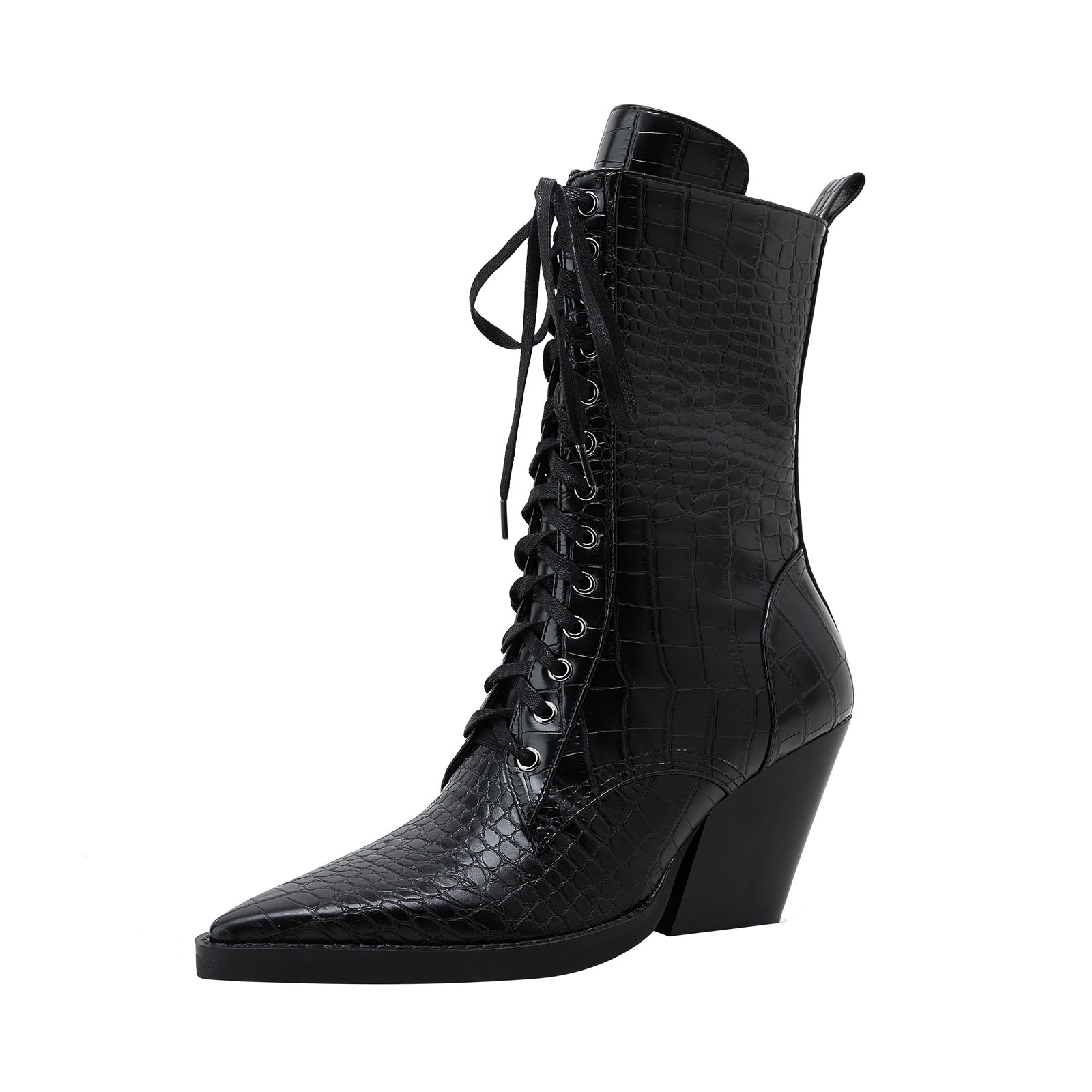 Lace Up Snakeskin Pointed Toe Ankle Boots